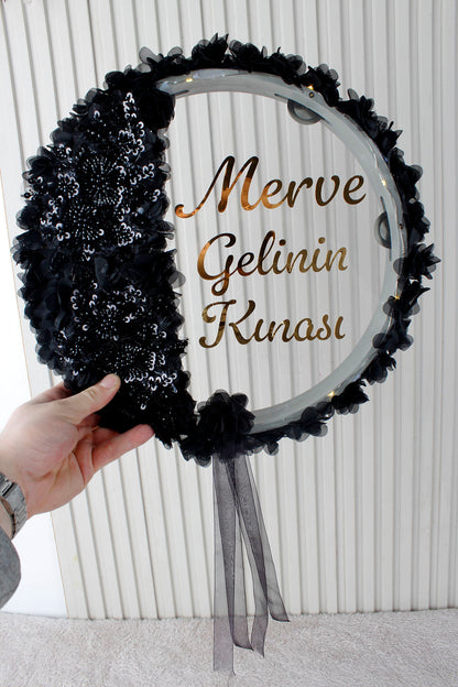 Aplik ve 3D Çiçek Süsleme LED’li Şeffaf Gelin Tefi 32 cm Kına Düğün Nedime Bride Parti Defi