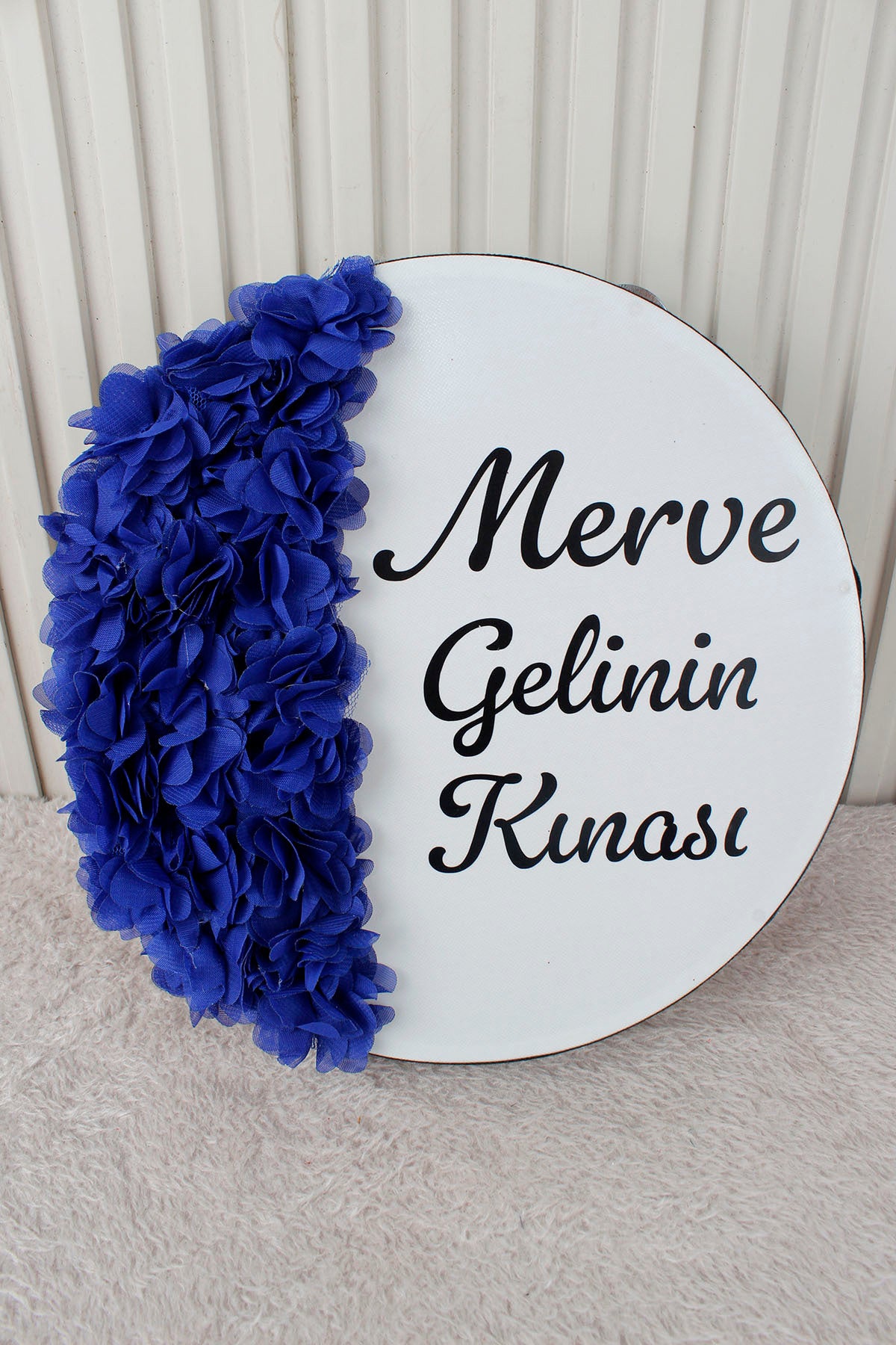Mavi Hilal Desenli Gelin Tefi 28 cm 3D Çiçek Süslemeli Kına Düğün Nedime Bride Parti Defi