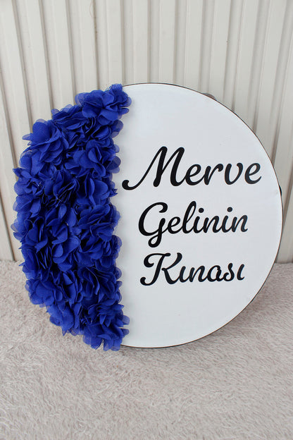 Mavi Hilal Desenli Gelin Tefi 28 cm 3D Çiçek Süslemeli Kına Düğün Nedime Bride Parti Defi