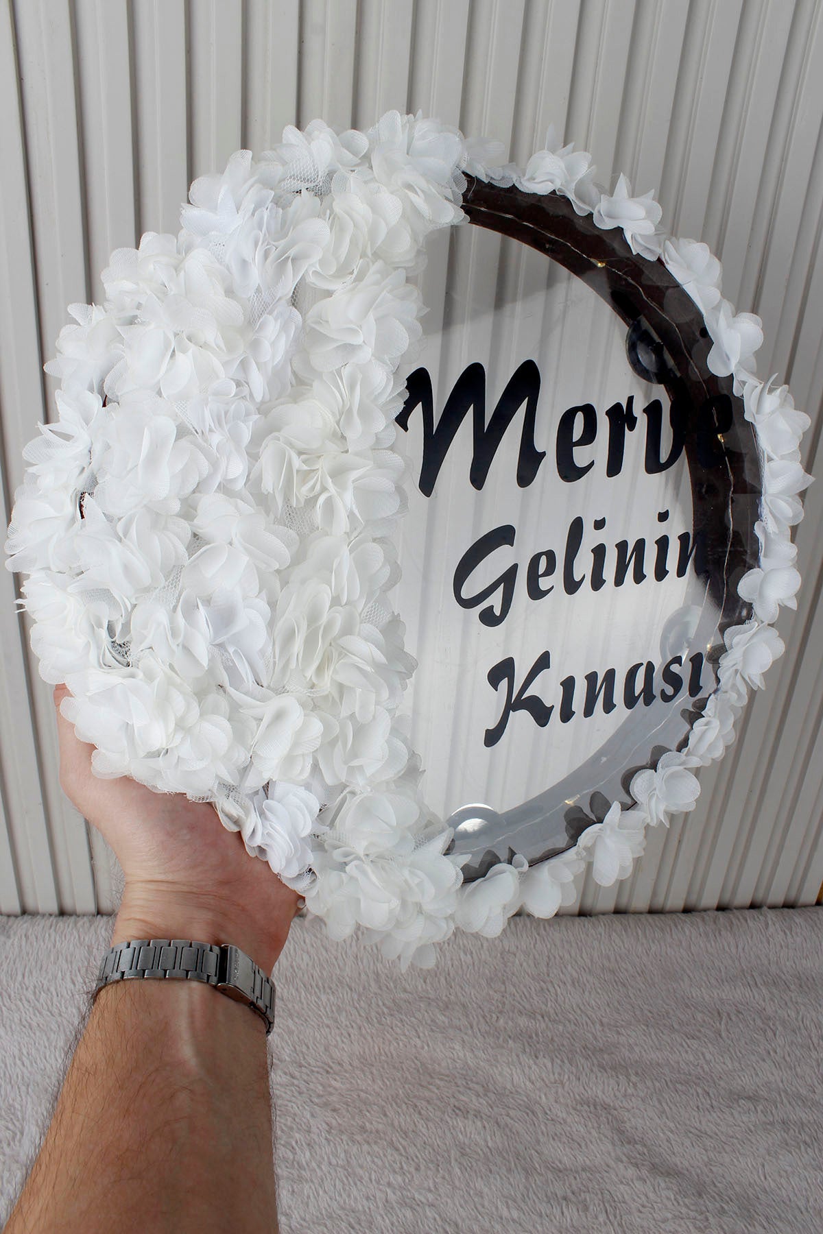 LED’li Şeffaf Gelin Tefi 32 cm 3D Çiçek Süslemeli Kına Düğün Nedime Bride Parti Defi