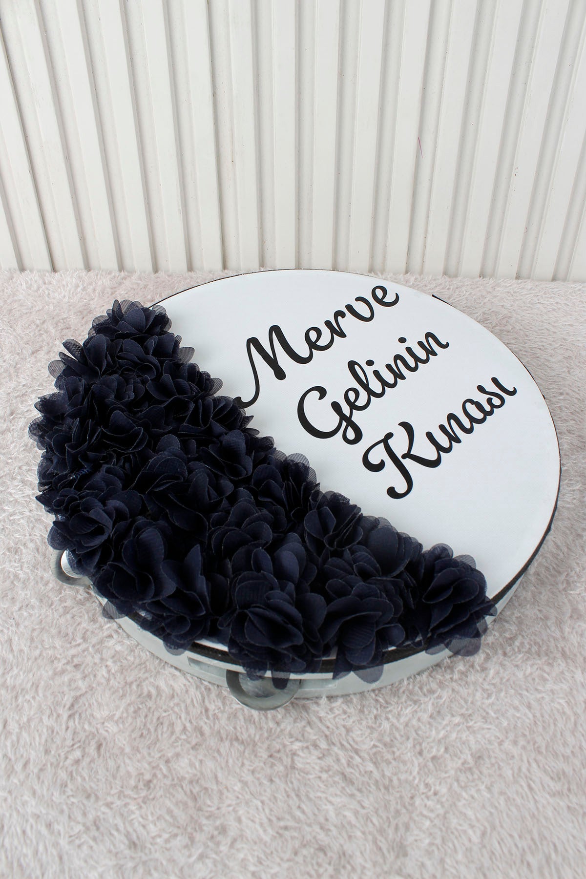 Mavi Hilal Desenli Gelin Tefi 28 cm 3D Çiçek Süslemeli Kına Düğün Nedime Bride Parti Defi