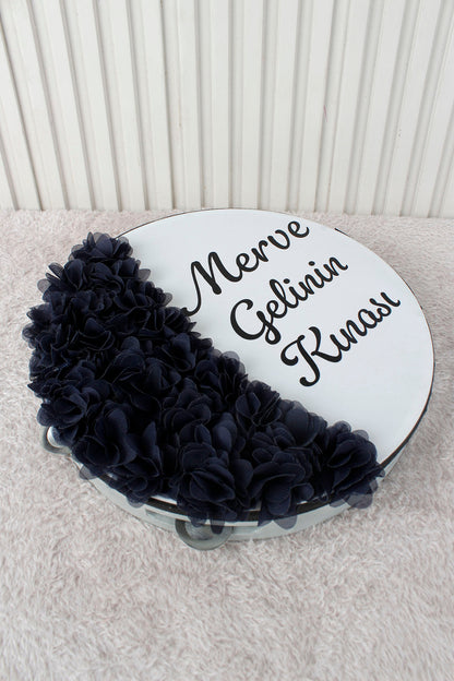Mavi Hilal Desenli Gelin Tefi 28 cm 3D Çiçek Süslemeli Kına Düğün Nedime Bride Parti Defi