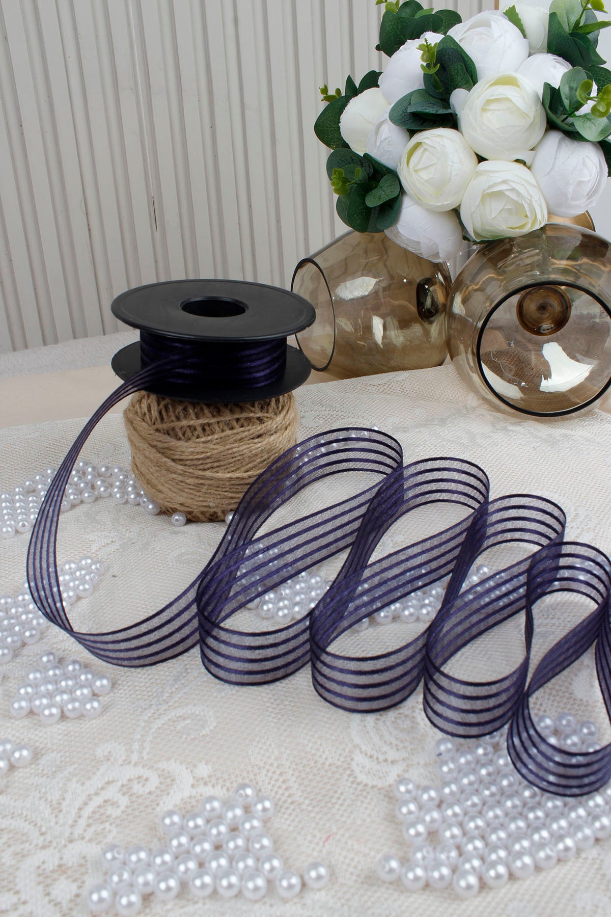 Hilton Çizgili Şifon Kurdele 2.5 cm 20 mt - Bohça, Nikah, Nişan, Çeyiz, Hediye, Süsleme, Parti