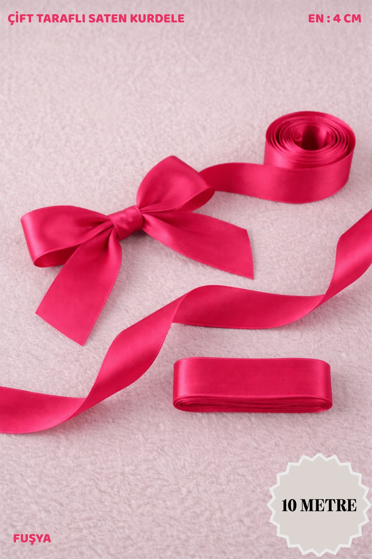 Saten Kurdele 4 cm 10mt - Bohça, Nikah, Nişan, Çeyiz, Hediye, Süsleme, Doğum Günü, Parti
