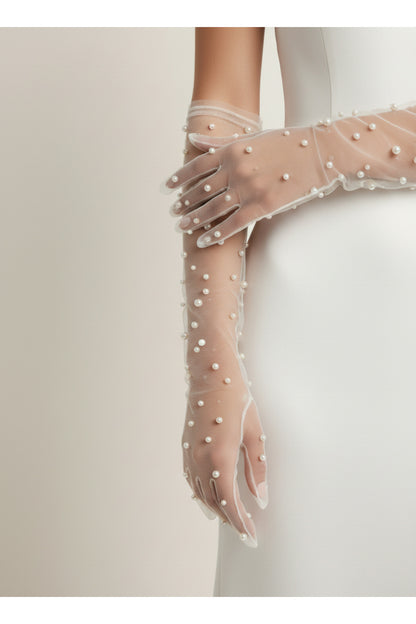 İnci Süslemeli Tül Uzun Kadın Eldiven – Gelinlik, Gelin, Nikah, Düğün, Nişan, Kına, Balo, Davet, Parti, Kına Gecesi, Kostüm, Bride, Mezuniyet, Bekarlığa Veda Fotoğraf Çekimi Aksesuar Eldiveni