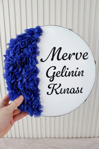 Mavi Hilal Desenli Gelin Tefi 28 cm 3D Çiçek Süslemeli Kına Düğün Nedime Bride Parti Defi