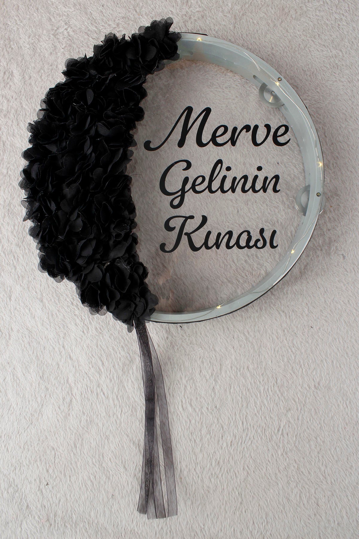 İ LED'Lİ Şeffaf 32 cm Hilal Desenli 3 Fonksiyon Gelin Tefi 3D Çiçek Süslemeli - Kına Gecesi, Düğün, Nedime, Bride, Parti, Sünnet, Organizasyon Defi