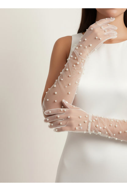 İnci Süslemeli Tül Uzun Kadın Eldiven – Gelinlik, Gelin, Nikah, Düğün, Nişan, Kına, Balo, Davet, Parti, Kına Gecesi, Kostüm, Bride, Mezuniyet, Bekarlığa Veda Fotoğraf Çekimi Aksesuar Eldiveni