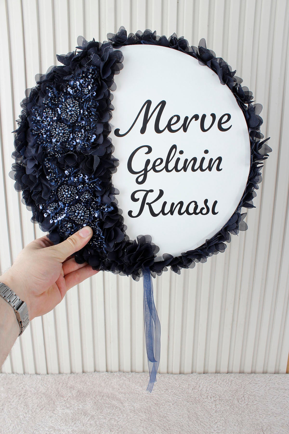 Aplik ve 3D Çiçek Süslemeli Kişiye Özel Gelin Tefi 32 cm Kına, Düğün, Nedime, Bride, Parti, Sünnet, Def
