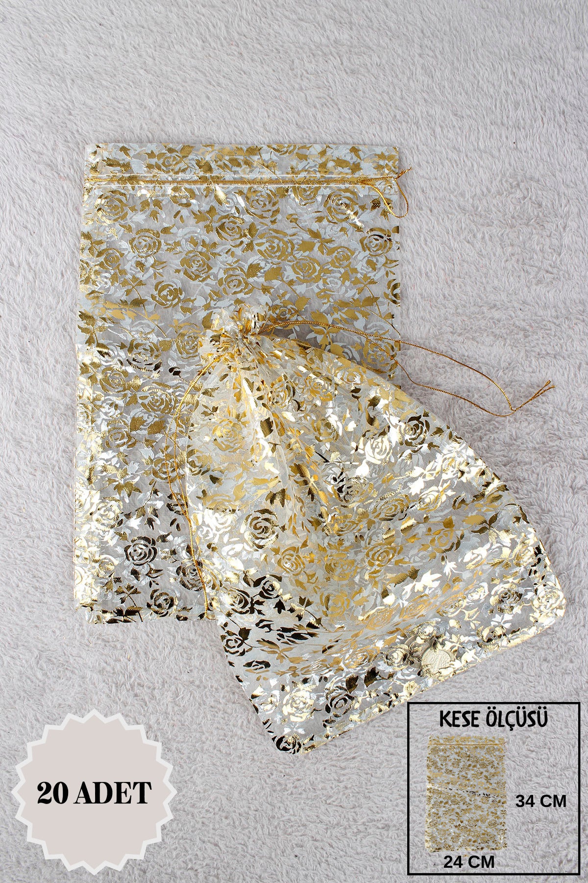 Düz Organze Tül Kese 50 Adet 9x12 Cm Kına, Çerez, Kuruyemiş Hediyelik Altın Söz Bohça Tesbih