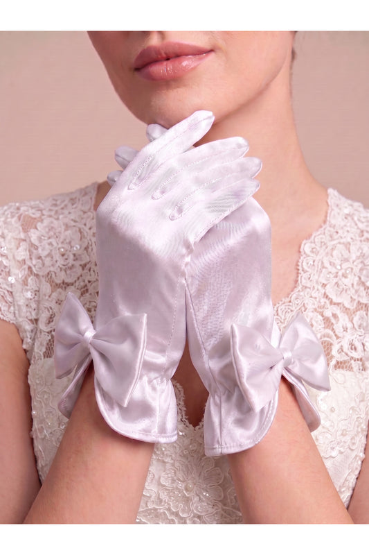Büyük Fiyonklu Kısa Saten Kadın Eldiveni – Düğün, Nişan, Nikah, Kına Gecesi, Balo, Davet, Parti, Kostüm, Mezuniyet, Bekarlığa Veda ve Fotoğraf Çekimi Aksesuarı