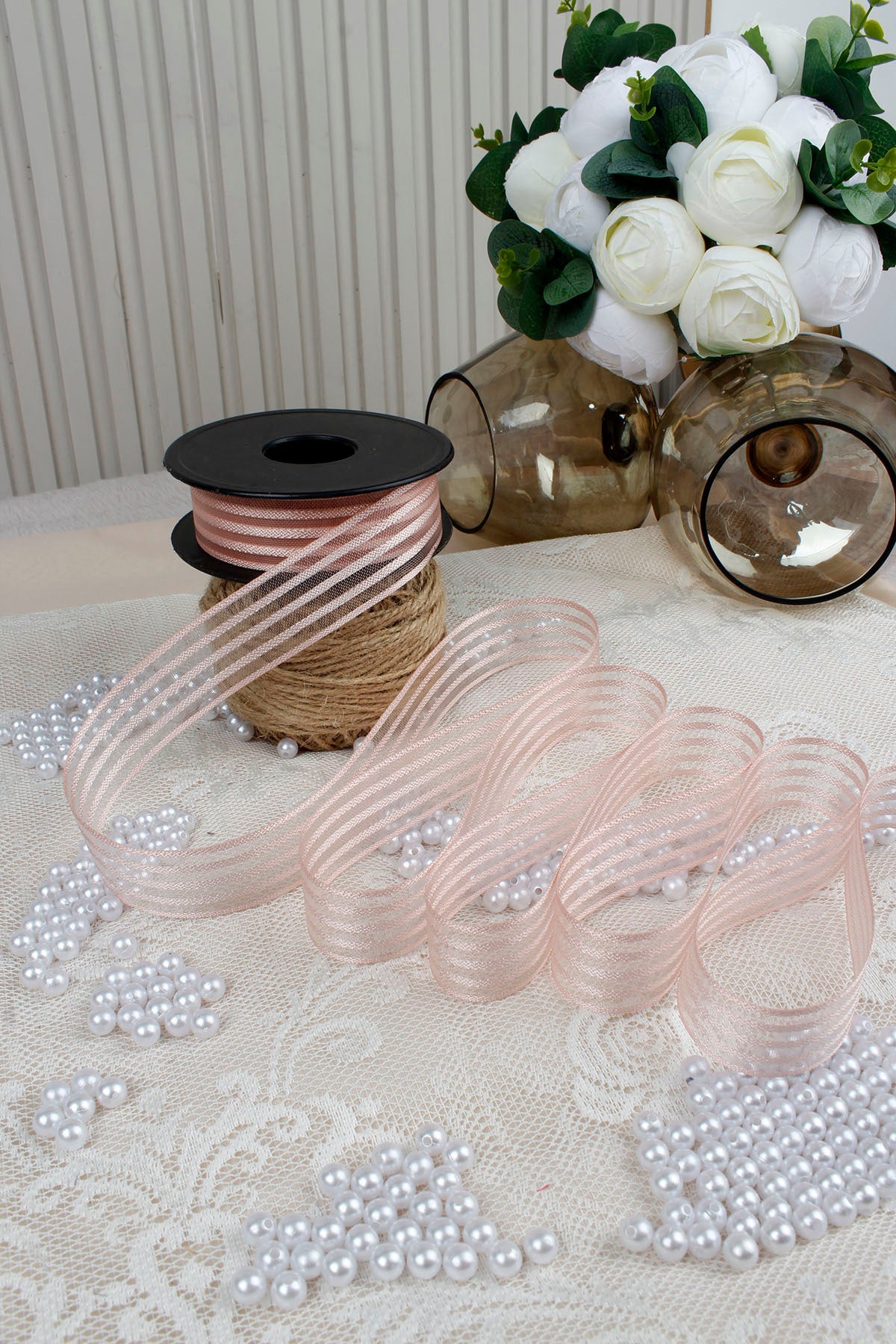 Hilton Çizgili Şifon Kurdele 2.5 cm 20 mt - Bohça, Nikah, Nişan, Çeyiz, Hediye, Süsleme, Parti