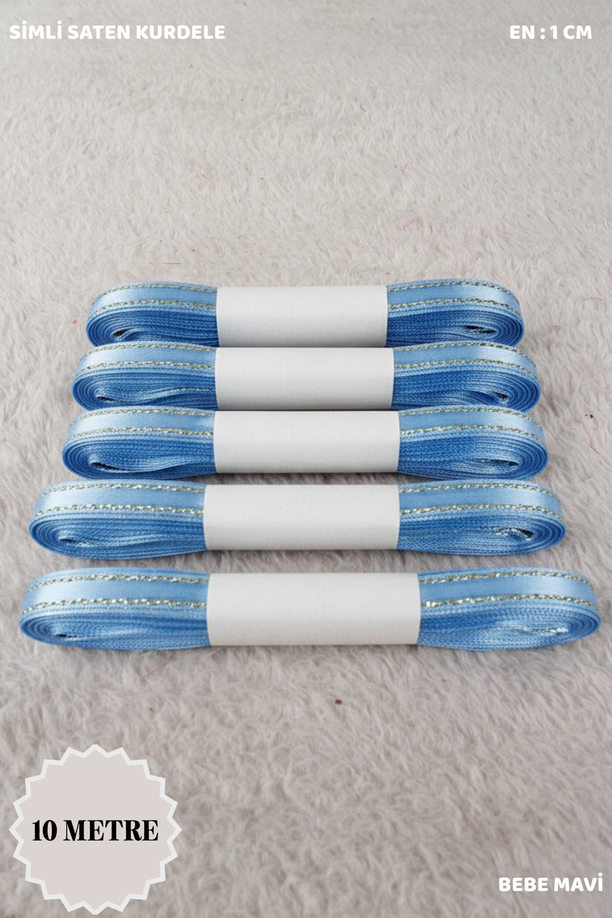 Simli Saten Kurdele 1cm 10mt - Bohça, Nikah, Nişan, Çeyiz, Hediye, Süsleme, Parti