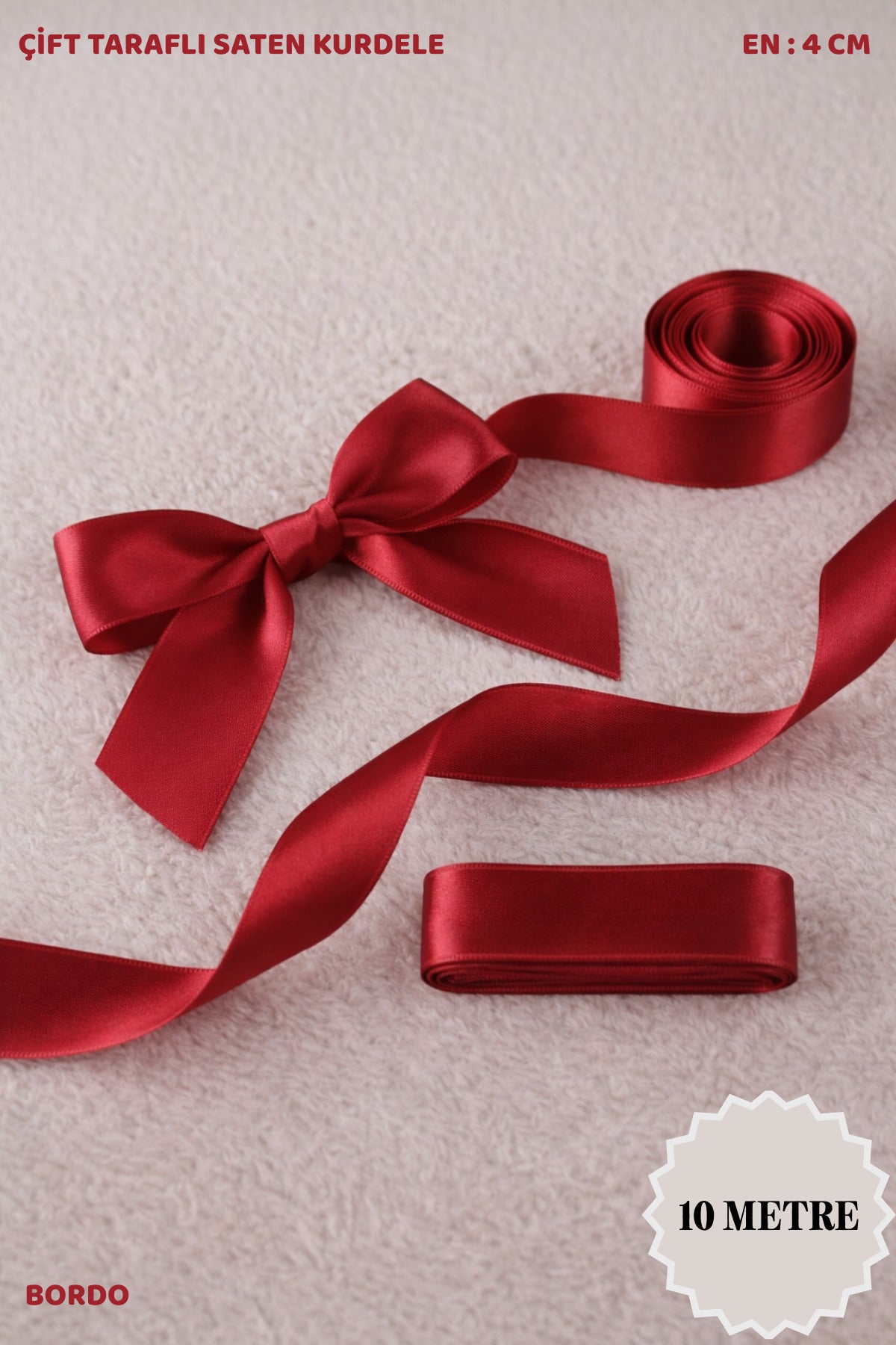 Saten Kurdele 4 cm 10mt - Bohça, Nikah, Nişan, Çeyiz, Hediye, Süsleme, Doğum Günü, Parti