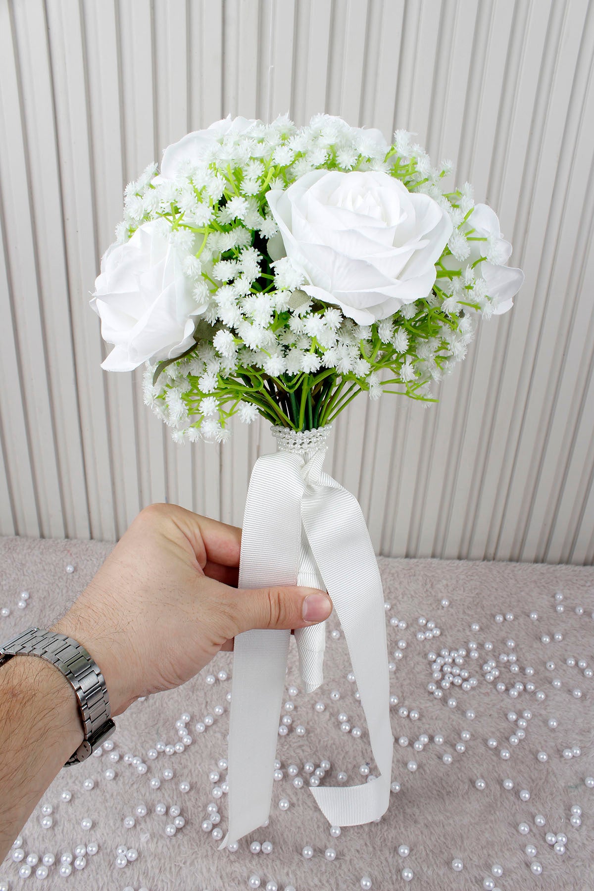 Beyaz Gül ve Cipso Çiçekli Gelin Çiçeği, Buketi – Nişan, Söz, Düğün, Nikah, Kına, Fotoğraf Çekimi