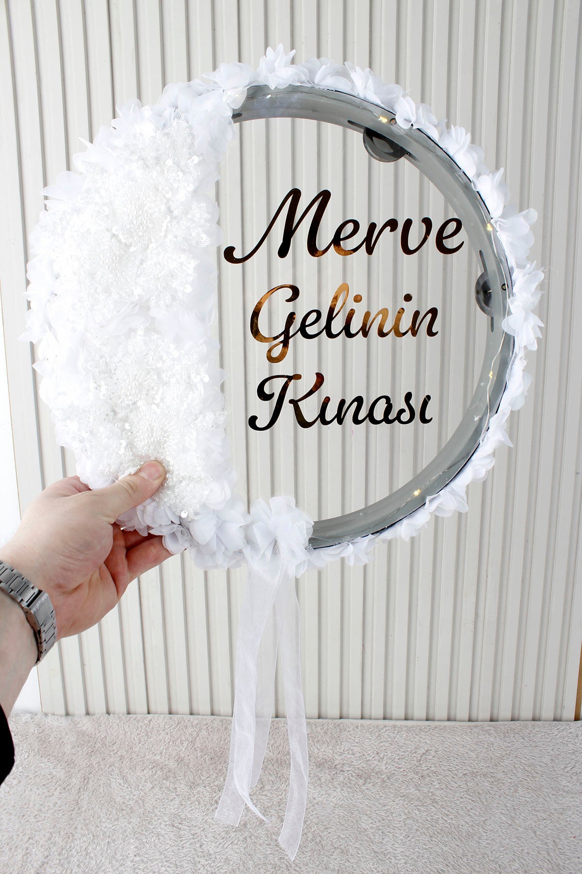 Aplik ve 3D Çiçek Süsleme LED’li Şeffaf Gelin Tefi 32 cm Kına Düğün Nedime Bride Parti Defi