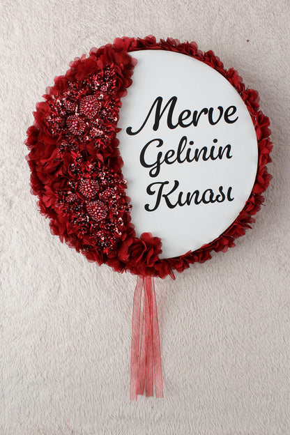 Aplik ve 3D Çiçek Süslemeli Kişiye Özel Gelin Tefi 32 cm Kına, Düğün, Nedime, Bride, Parti, Sünnet, Def