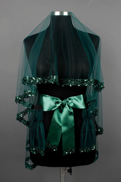 Yaprak Pul İşlemeli Gelin Seti – Kına Gecesi, Düğün, Nikah İçin Duvak Kuşak Eldiven