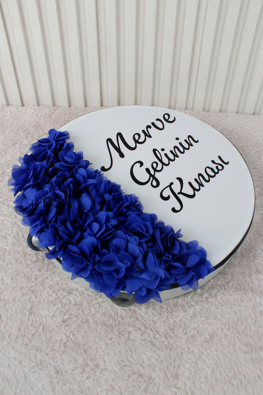 Mavi Hilal Desenli Gelin Tefi 28 cm 3D Çiçek Süslemeli Kına Düğün Nedime Bride Parti Defi