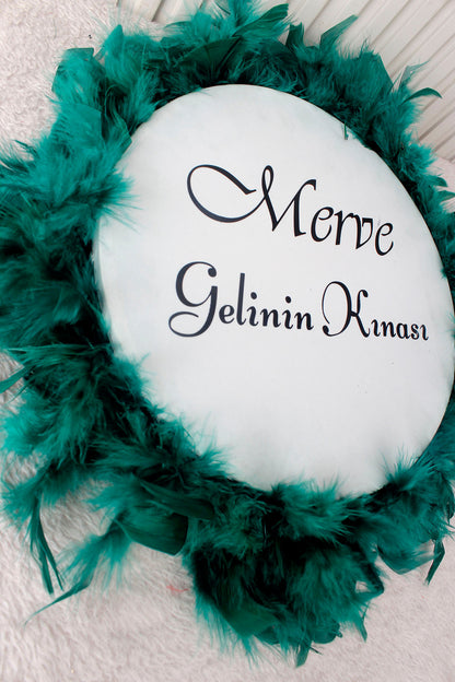 Tüylü Otrişli Gelin Tefi 28 cm 3D Çiçek Süslemeli Kına Düğün Nedime Bride Parti Defi