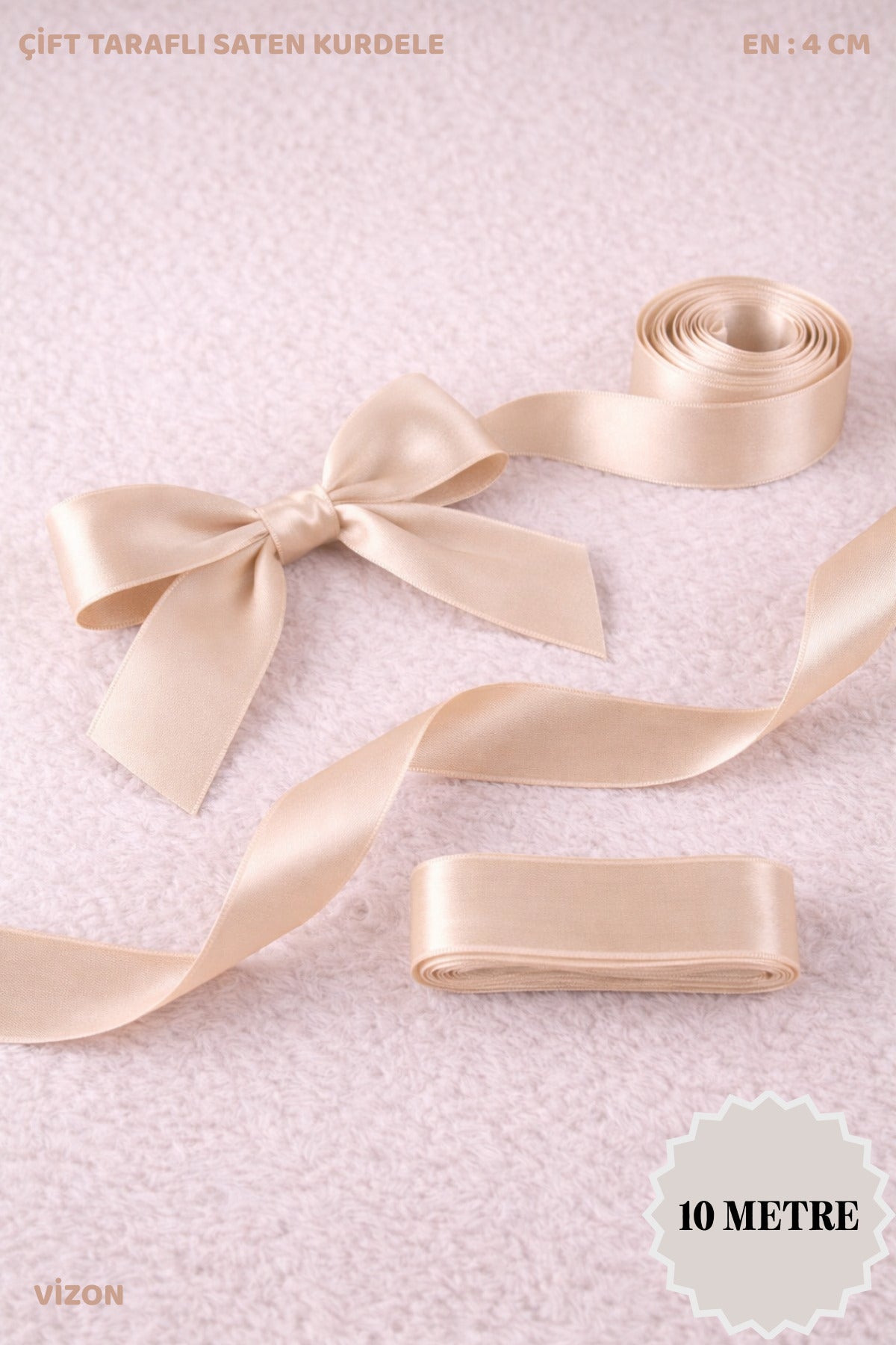 Saten Kurdele 4 cm 10mt - Bohça, Nikah, Nişan, Çeyiz, Hediye, Süsleme, Doğum Günü, Parti