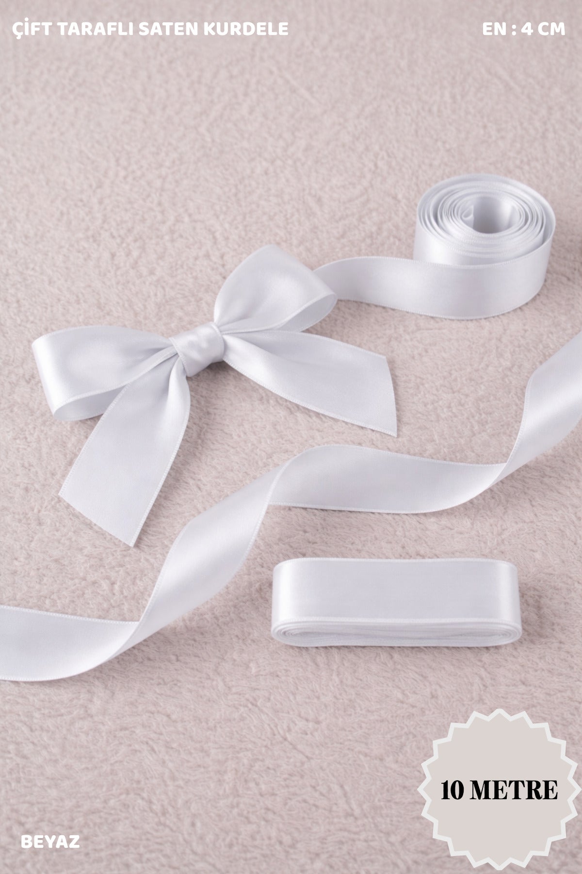 Saten Kurdele 4 cm 10mt - Bohça, Nikah, Nişan, Çeyiz, Hediye, Süsleme, Doğum Günü, Parti