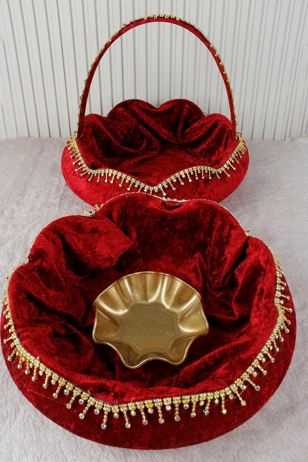 Su Yolu Taş Süslemeli Kadife Kına Gecesi Tepsi Sepet Gelin Takımı, Nişan, Nikah, Düğün, Söz