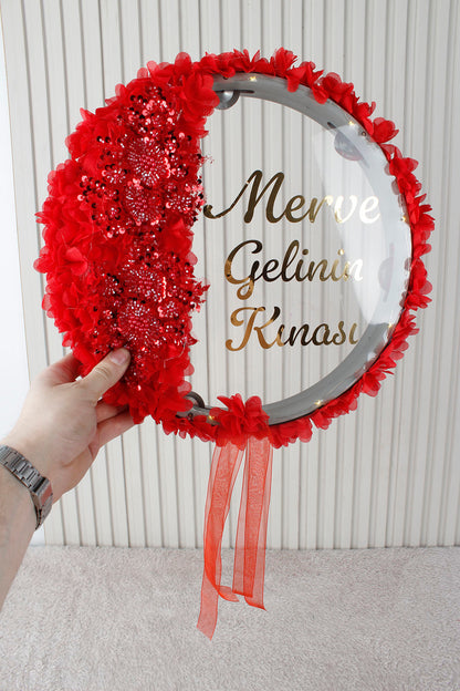 Aplik ve 3D Çiçek Süsleme LED’li Şeffaf Gelin Tefi 32 cm Kına Düğün Nedime Bride Parti Defi
