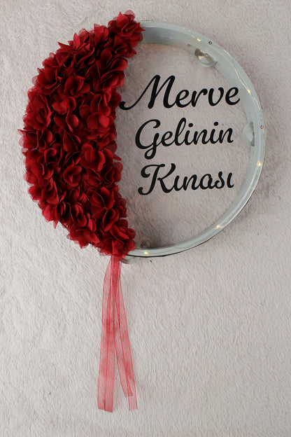 İ LED'Lİ Şeffaf 32 cm Hilal Desenli 3 Fonksiyon Gelin Tefi 3D Çiçek Süslemeli - Kına Gecesi, Düğün, Nedime, Bride, Parti, Sünnet, Organizasyon Defi