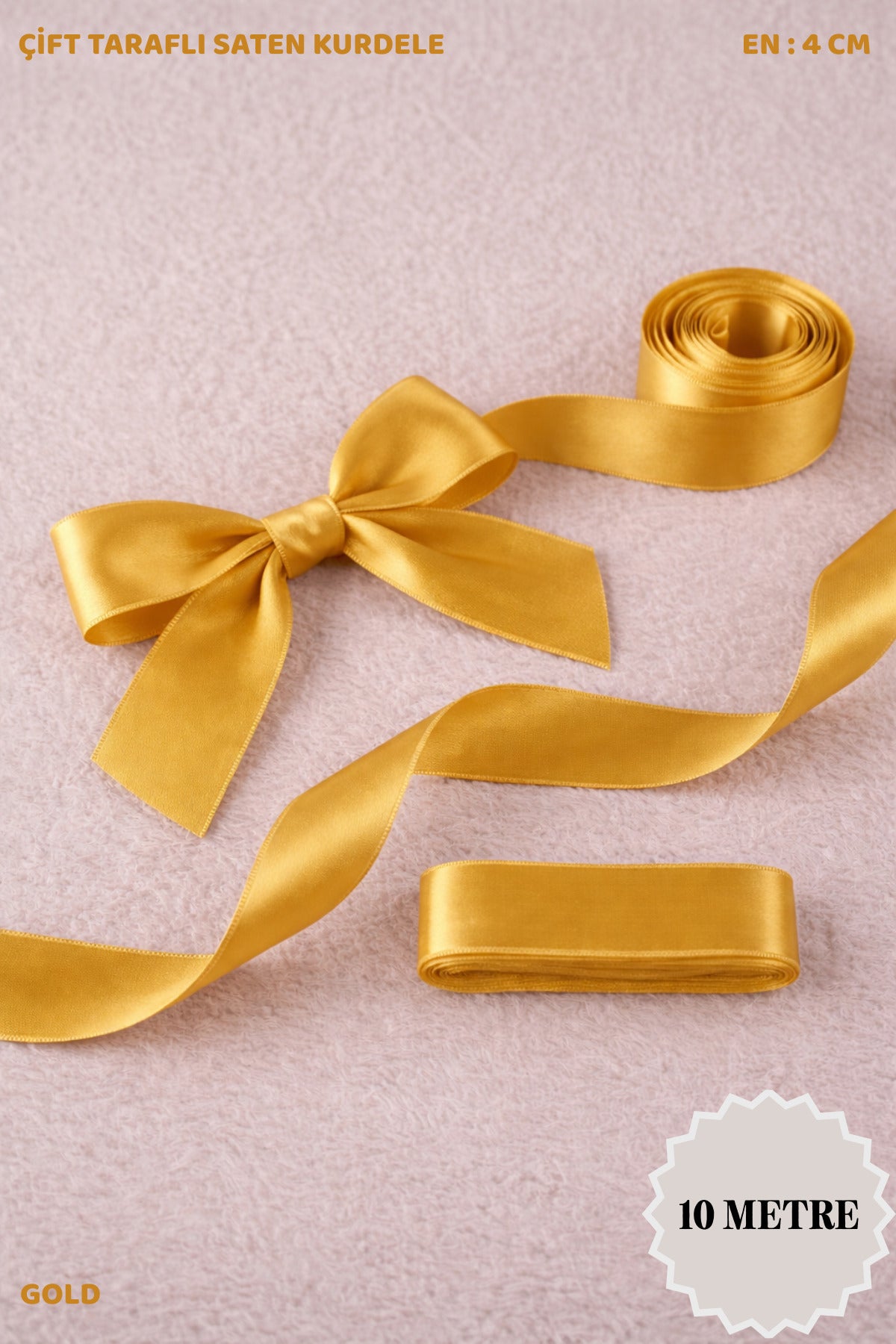 Saten Kurdele 4 cm 10mt - Bohça, Nikah, Nişan, Çeyiz, Hediye, Süsleme, Doğum Günü, Parti