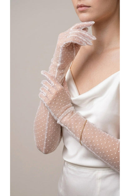 Puantiyeli Dantel Uzun Kadın Eldiven – Gelinlik, Gelin, Nikah, Düğün, Nişan, Kına, Balo, Davet, Parti, Kına Gecesi, Kostüm, Bride, Mezuniyet, Bekarlığa Veda Fotoğraf Çekimi Aksesuar Eldiveni