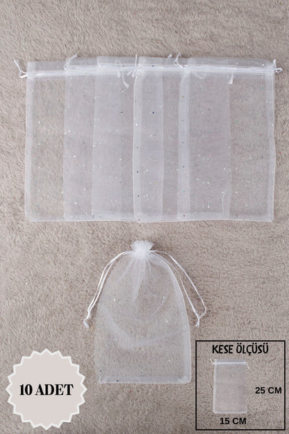 Pul Baskılı Tül Kese 10 Adet 24x34 Cm Kına, Havlu Terlik Seccade Çeyiz Hediye Yasin Yazma Bohça