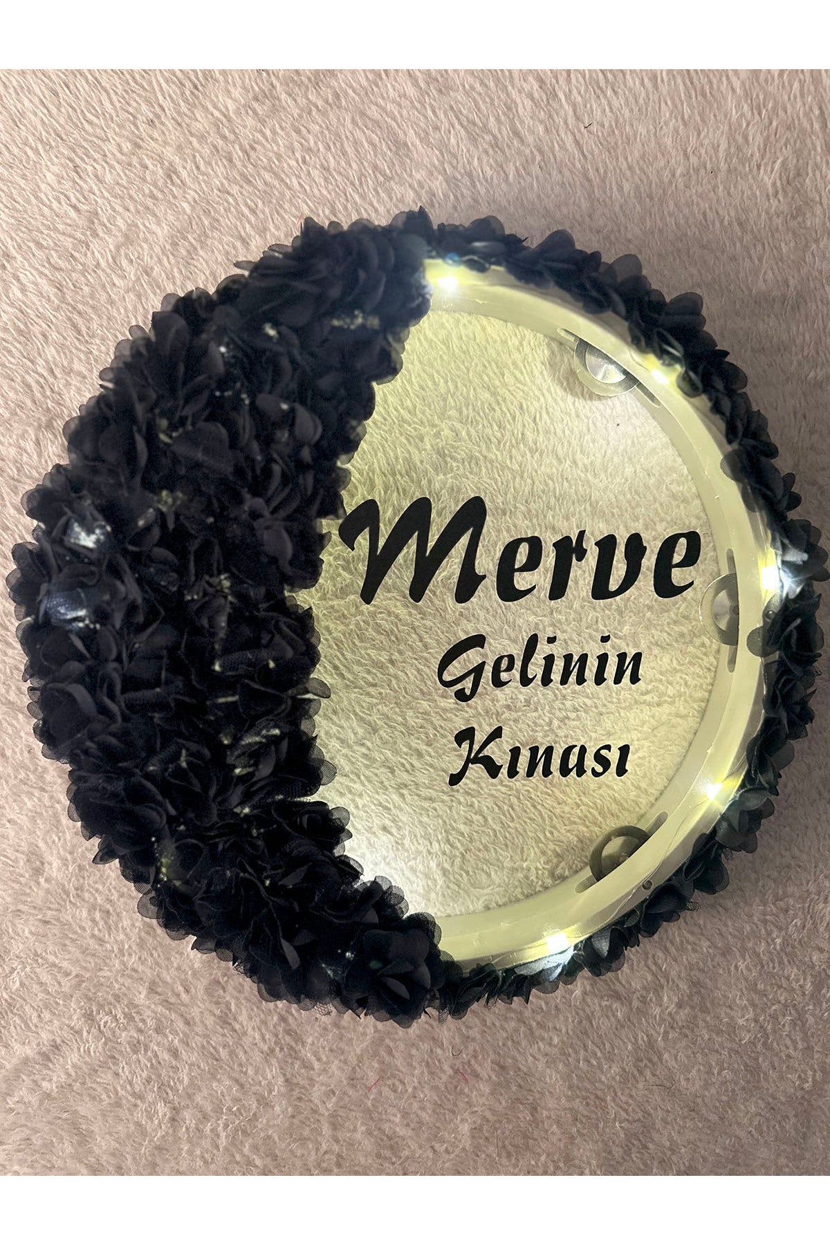LED’li Şeffaf Gelin Tefi 32 cm 3D Çiçek Süslemeli Kına Düğün Nedime Bride Parti Defi