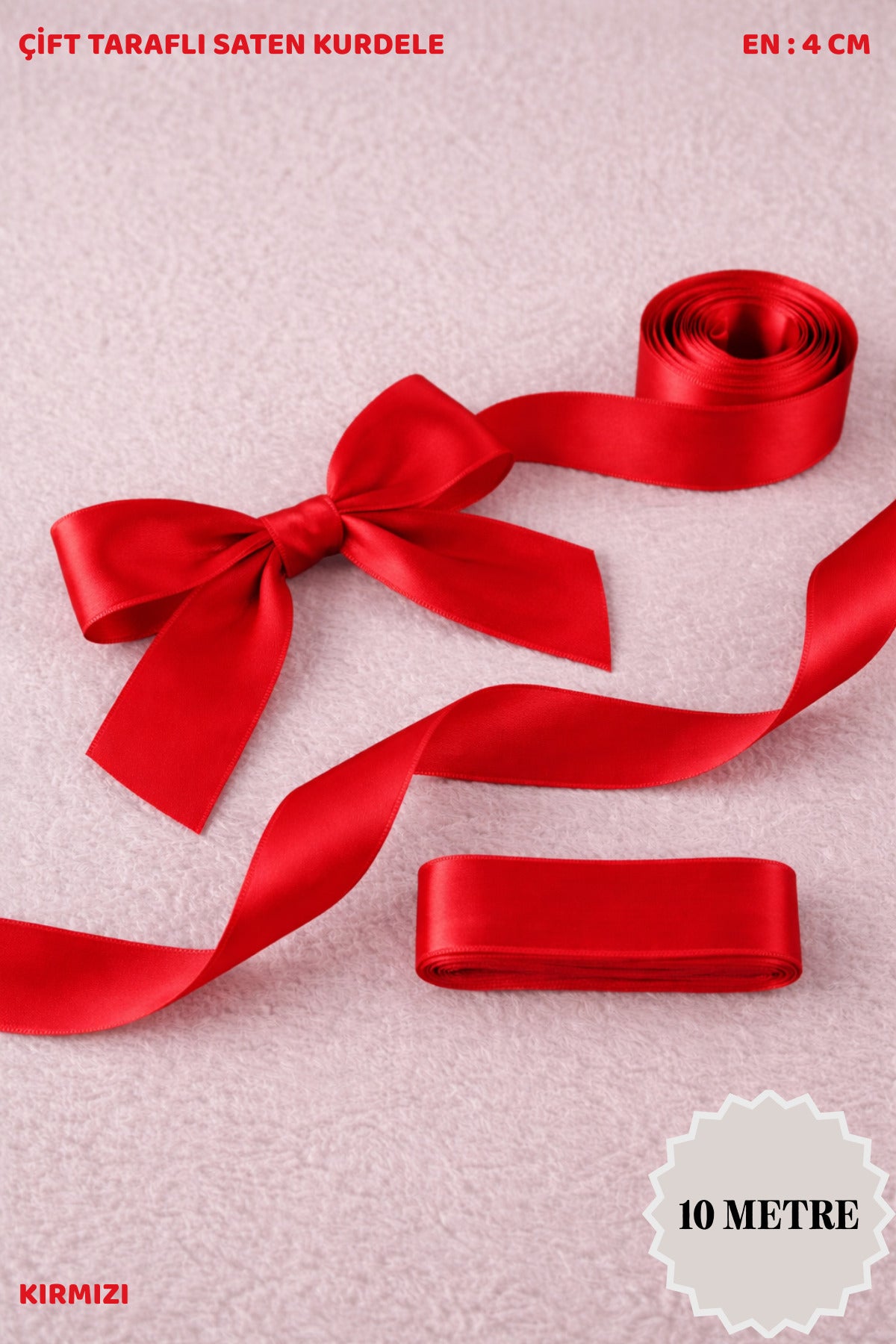 Saten Kurdele 4 cm 10mt - Bohça, Nikah, Nişan, Çeyiz, Hediye, Süsleme, Doğum Günü, Parti