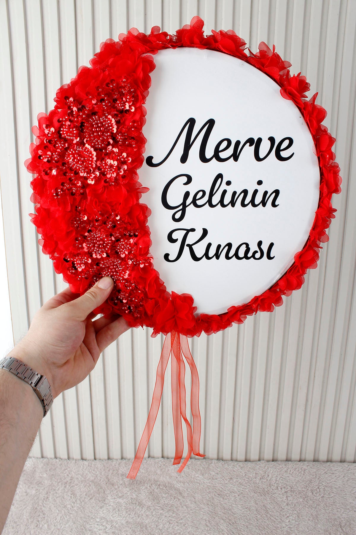 Aplik ve 3D Çiçek Süslemeli Kişiye Özel Gelin Tefi 32 cm Kına, Düğün, Nedime, Bride, Parti, Sünnet, Def