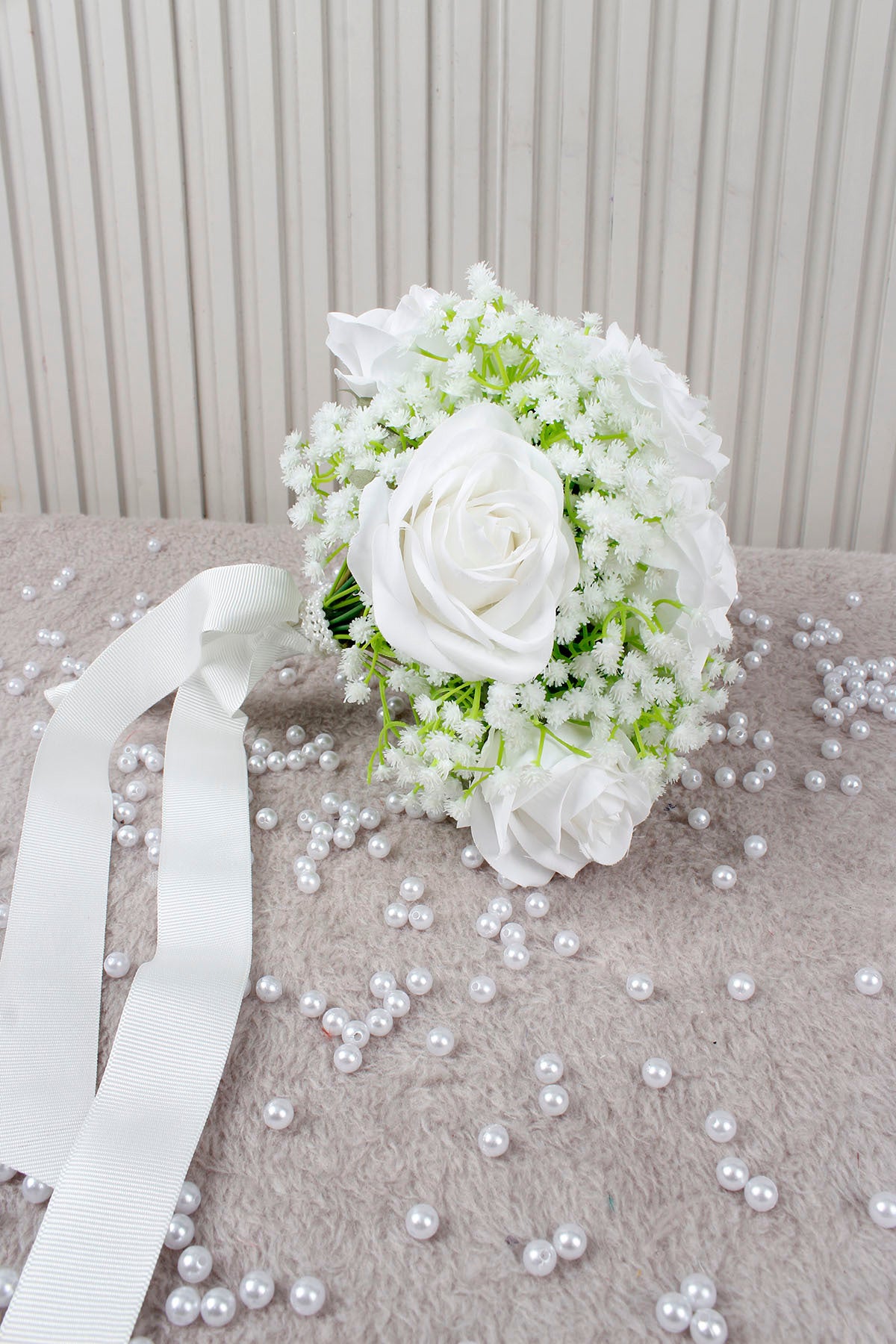 Beyaz Gül ve Cipso Çiçekli Gelin Çiçeği, Buketi – Nişan, Söz, Düğün, Nikah, Kına, Fotoğraf Çekimi