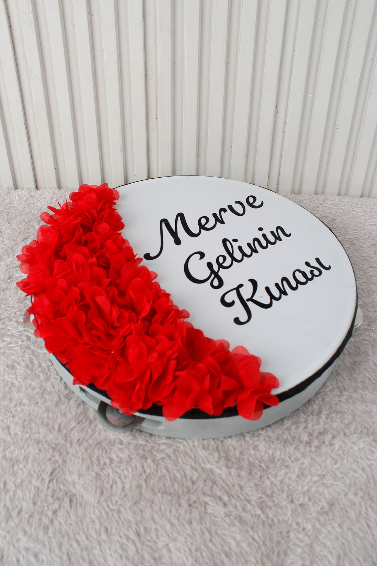 Mavi Hilal Desenli Gelin Tefi 28 cm 3D Çiçek Süslemeli Kına Düğün Nedime Bride Parti Defi