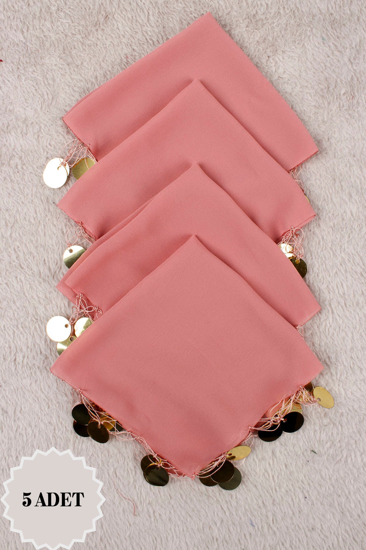Şifon Halay Mendili 5'Li Altın Pul Kına Düğün Nişan Sünnet Gelin Damat Bride