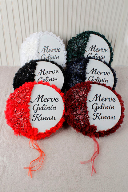Aplik ve 3D Çiçek Süslemeli Kişiye Özel Gelin Tefi 32 cm Kına, Düğün, Nedime, Bride, Parti, Sünnet, Def