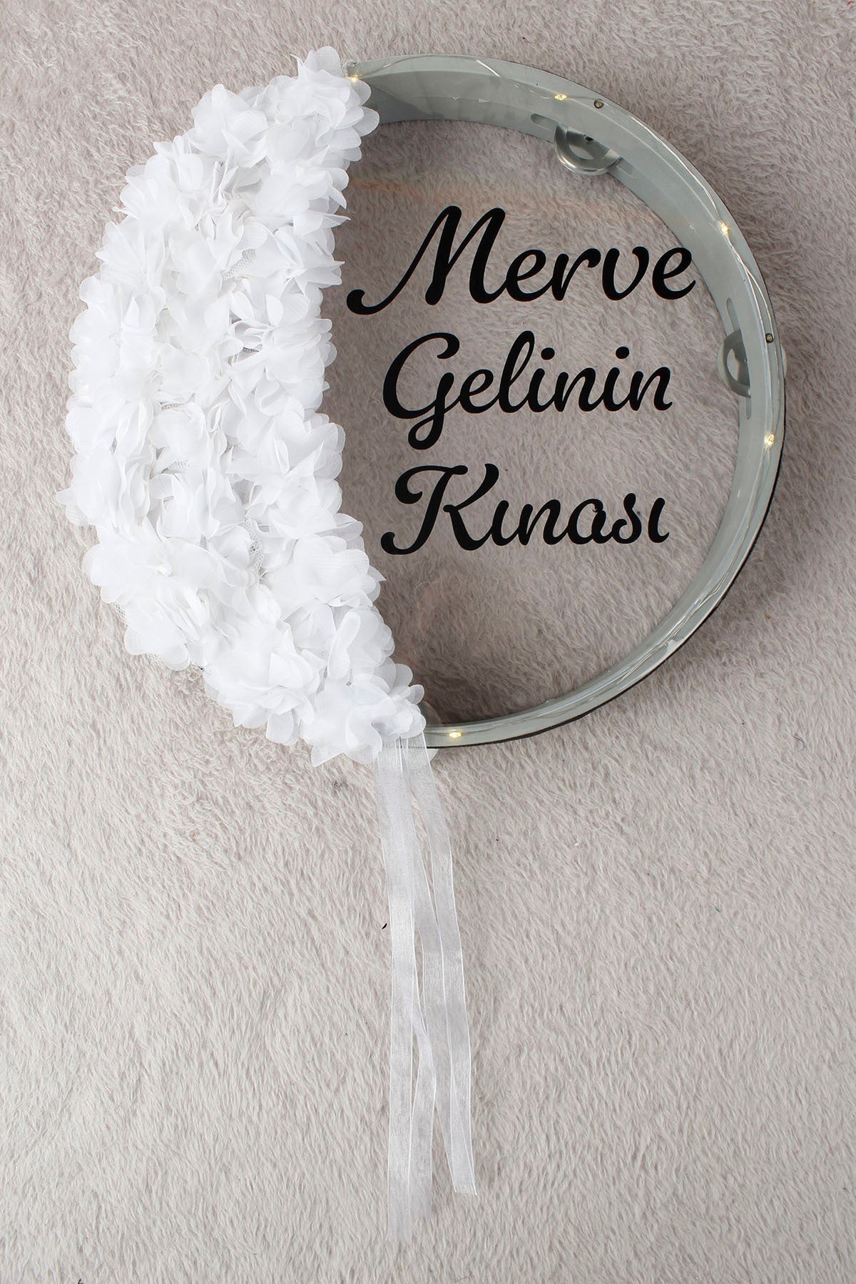İ LED'Lİ Şeffaf 32 cm Hilal Desenli 3 Fonksiyon Gelin Tefi 3D Çiçek Süslemeli - Kına Gecesi, Düğün, Nedime, Bride, Parti, Sünnet, Organizasyon Defi