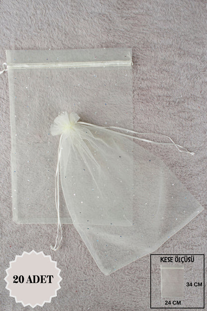 Düz Organze Tül Kese 50 Adet 9x12 Cm Kına, Çerez, Kuruyemiş Hediyelik Altın Söz Bohça Tesbih
