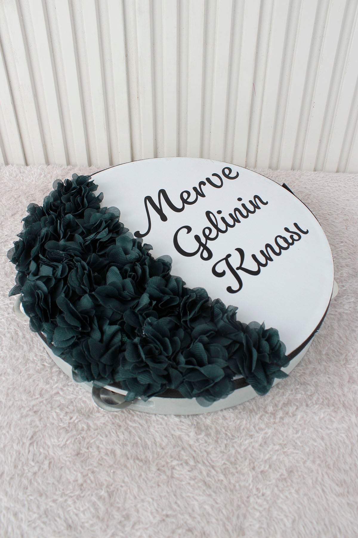 Mavi Hilal Desenli Gelin Tefi 28 cm 3D Çiçek Süslemeli Kına Düğün Nedime Bride Parti Defi