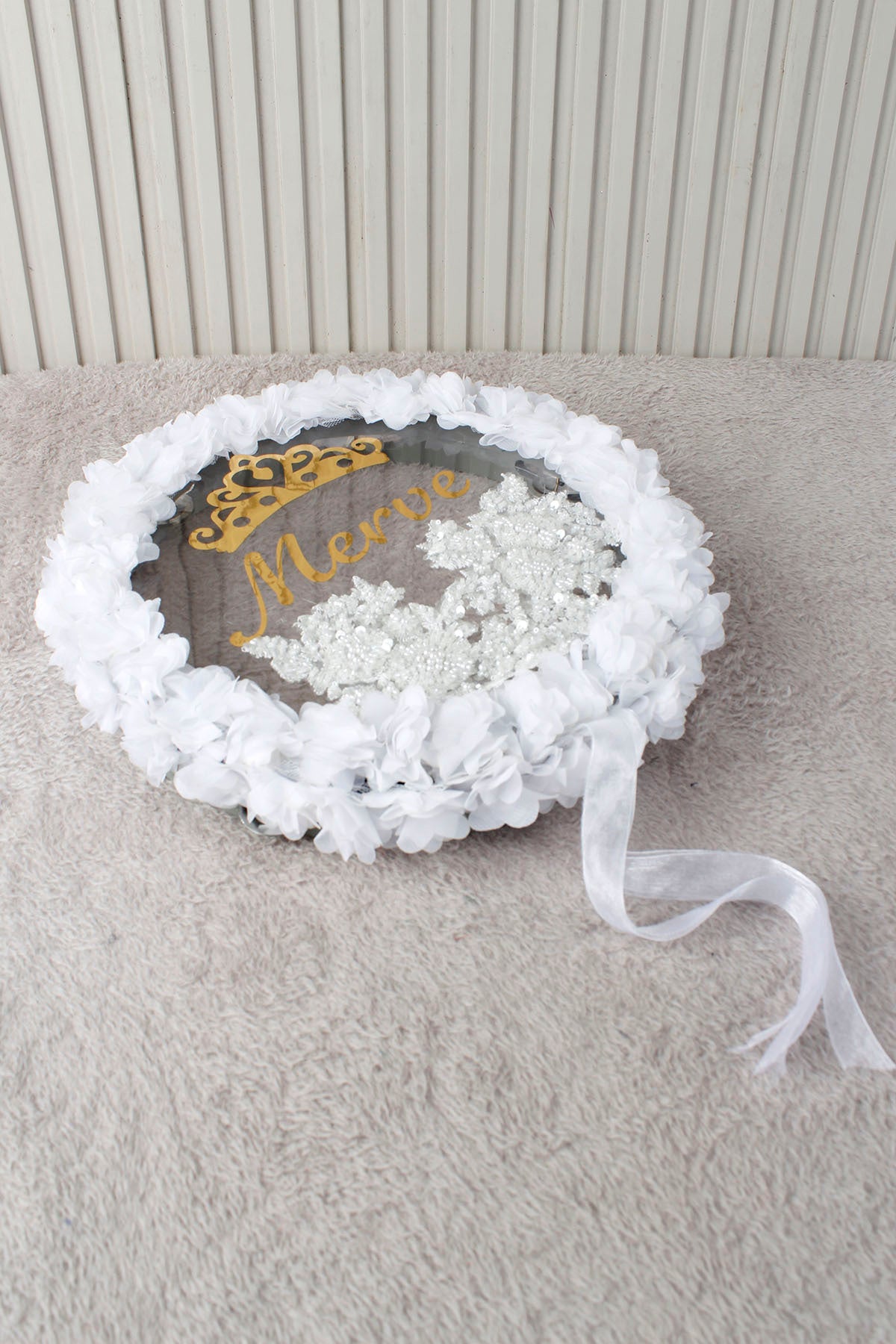 Vip Aplik ve Çiçek Süsleme LED’li Şeffaf Gelin Tefi 32 cm Kına Düğün Nedime Bride Parti Defi