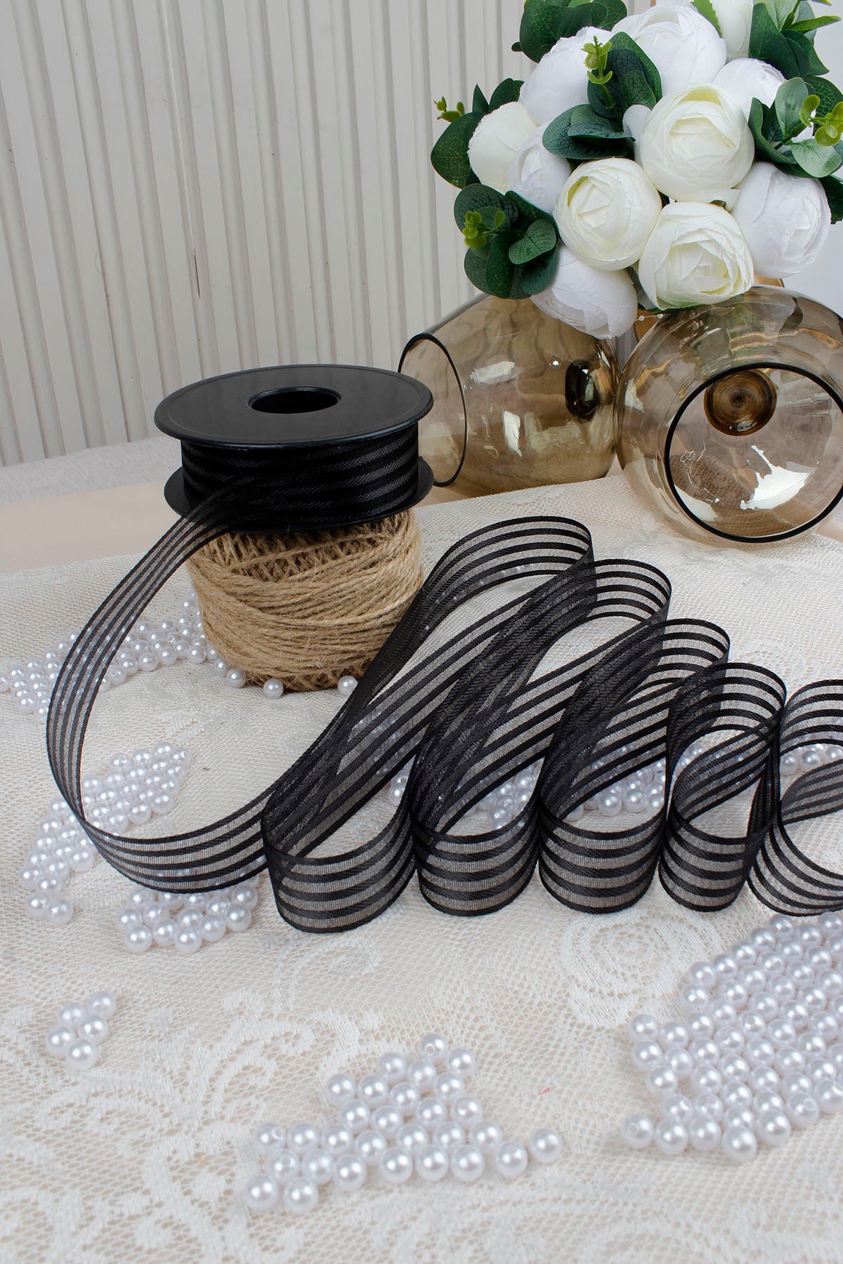 Hilton Çizgili Şifon Kurdele 2.5 cm 20 mt - Bohça, Nikah, Nişan, Çeyiz, Hediye, Süsleme, Parti