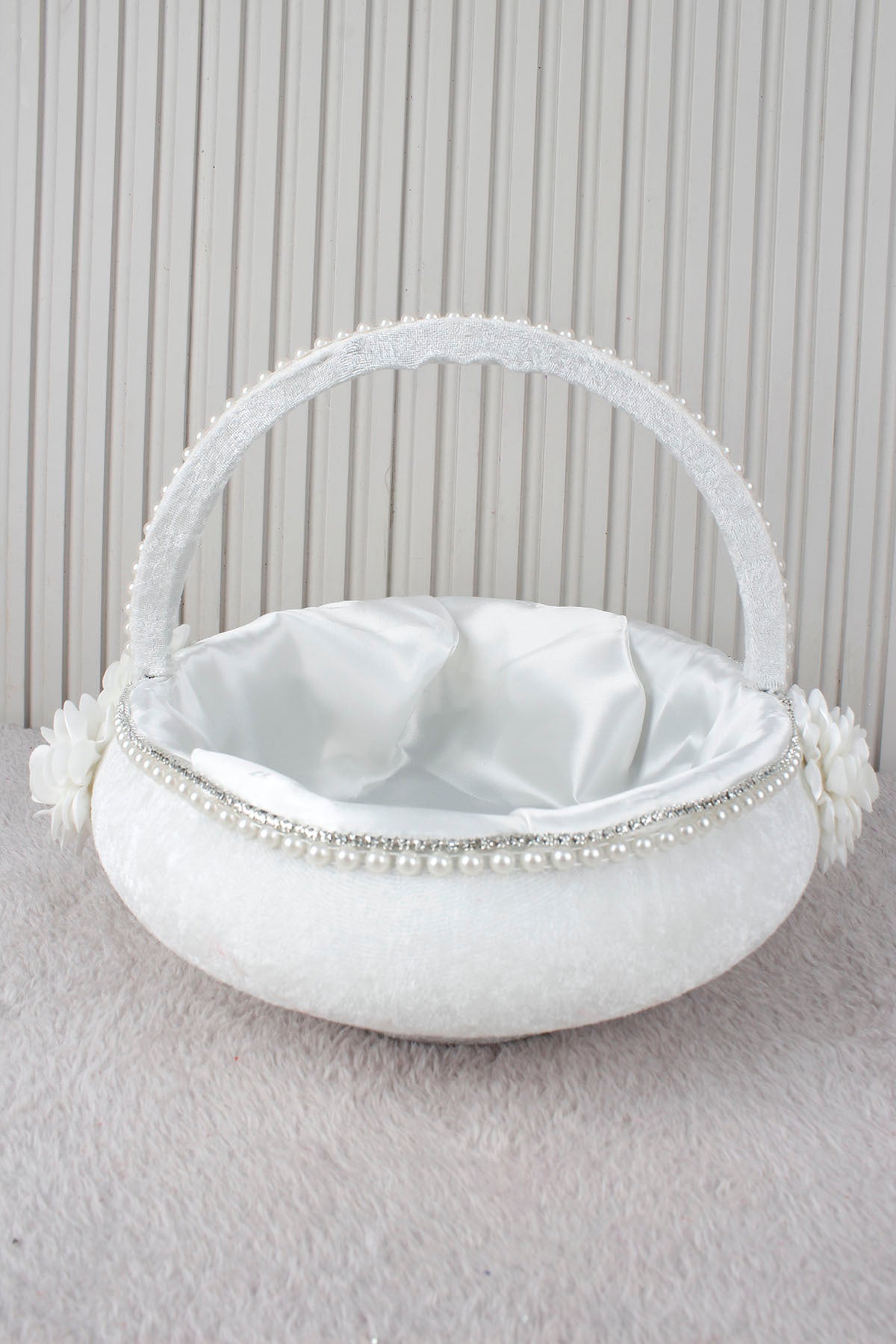 Sıra İnci, Taş ve Çiçek Süslemeli Kadife Gelin Sepeti Kına Nişan Nikah Düğün Söz Hediyelik