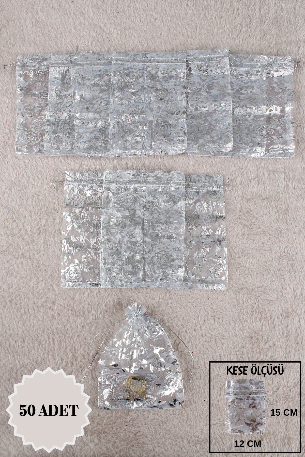 Düz Organze Tül Kese 50 Adet 9x12 Cm Kına, Çerez, Kuruyemiş Hediyelik Altın Söz Bohça Tesbih