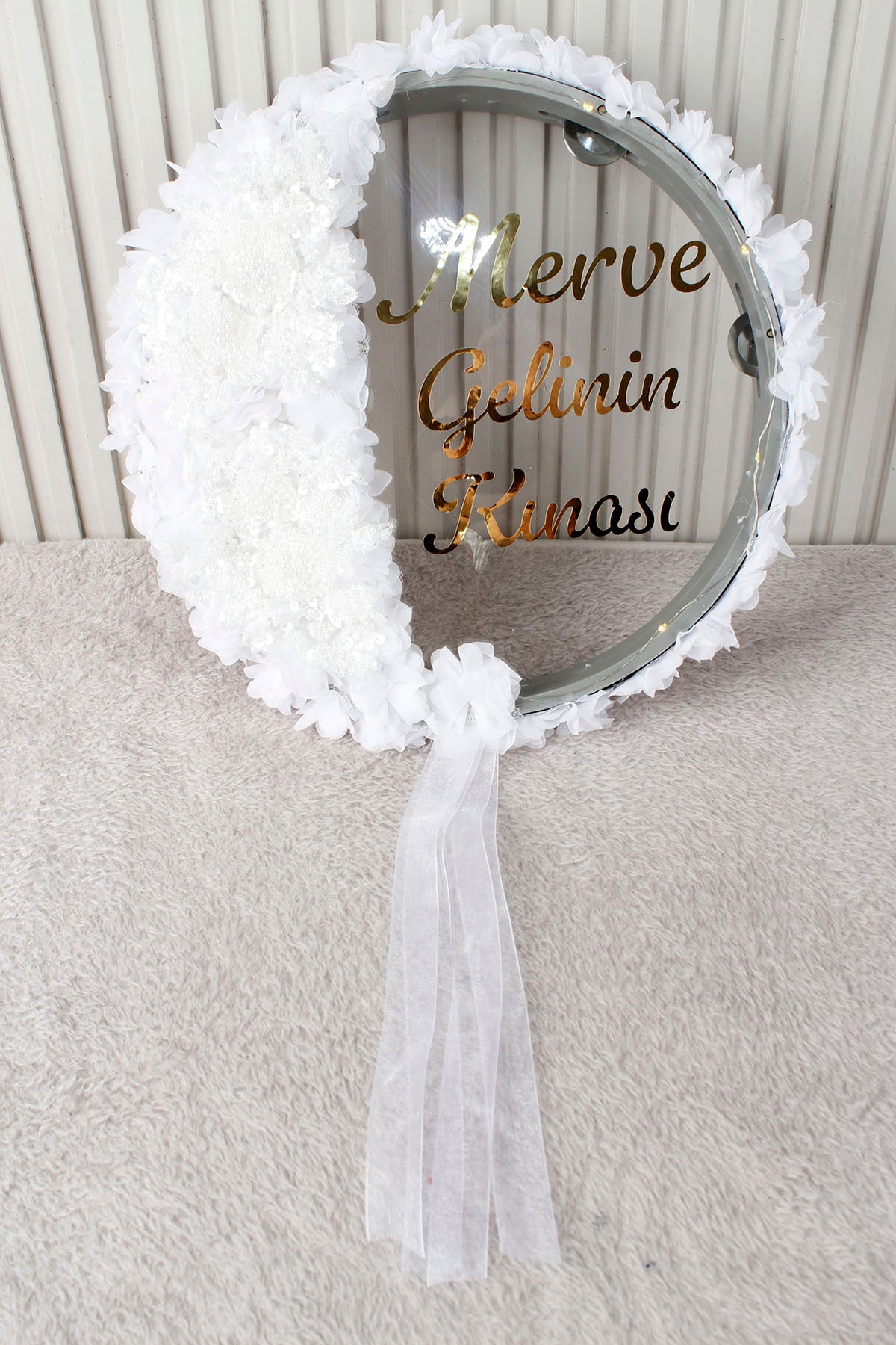 Aplik ve 3D Çiçek Süsleme LED’li Şeffaf Gelin Tefi 32 cm Kına Düğün Nedime Bride Parti Defi