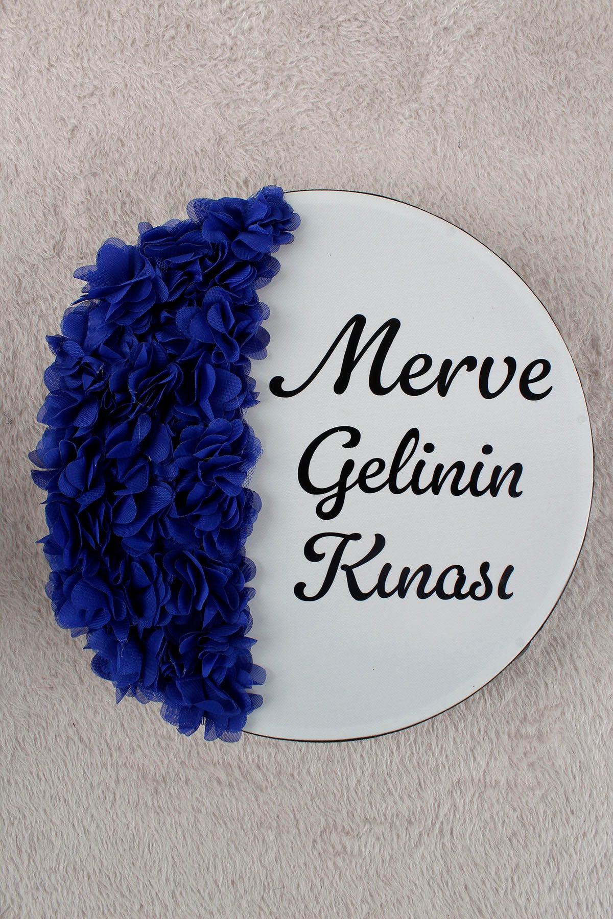Mavi Hilal Desenli Gelin Tefi 28 cm 3D Çiçek Süslemeli Kına Düğün Nedime Bride Parti Defi