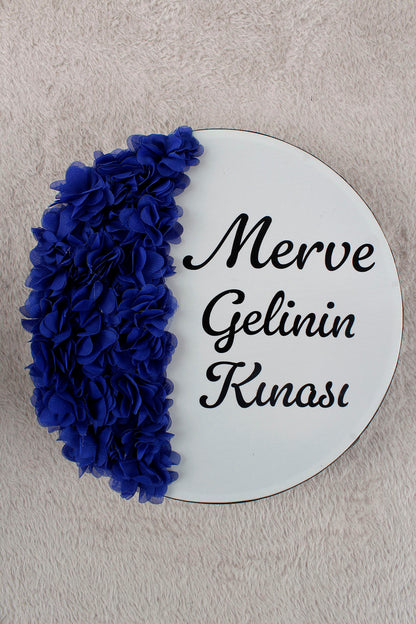 Mavi Hilal Desenli Gelin Tefi 28 cm 3D Çiçek Süslemeli Kına Düğün Nedime Bride Parti Defi