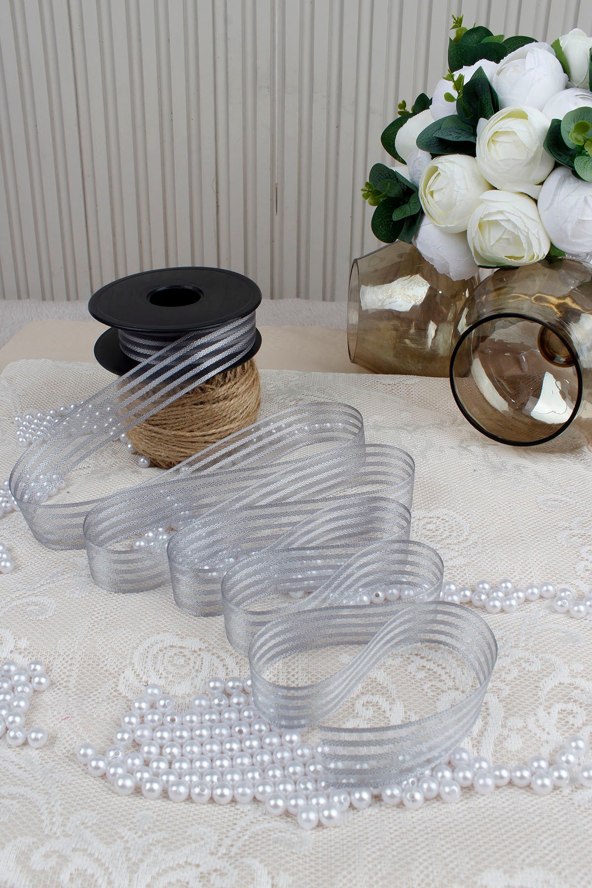 Hilton Çizgili Şifon Kurdele 2.5 cm 20 mt - Bohça, Nikah, Nişan, Çeyiz, Hediye, Süsleme, Parti